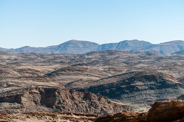 Outlook over the Kuiseb pass viewpoint in Namibia, an area that strongly resembles a lunar landscape.