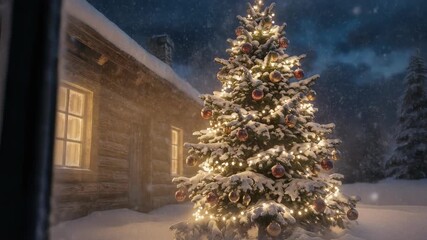 Cozy winter night view from a wooden cabin window displaying a snowy illuminated Christmas tree decorated with warm festive lights and ornaments