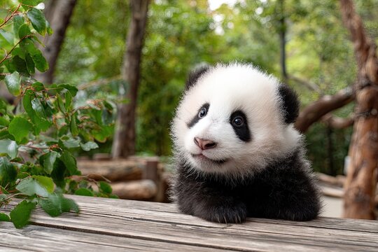 Adorable panda cub with contrasting black and white fur, leaning on a wooden surface, nature backdrop
