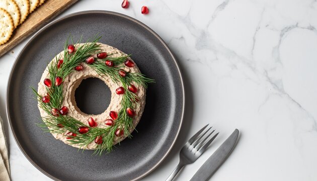 Festive Appetizer Ring with Pomegranate and Dill on Plate.