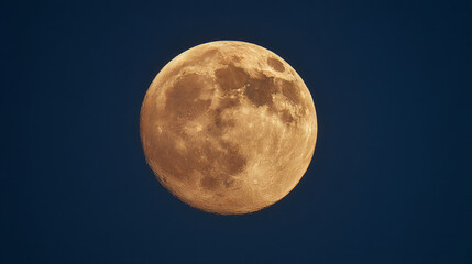 A detailed view of a full moon with visible craters against a dark blue night sky