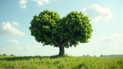 Discover a tranquil landscape with a heart-shaped tree standing proudly in a lush meadow beneath a bright blue sky offering peace and serenity