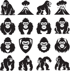 Black and White Gorilla Vector Art Assortment with Volcano Illustrations