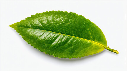A single vibrant green leaf with serrated edges isolated on a plain white background