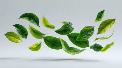 A dynamic composition of green leaves floating against a soft white background studio shot