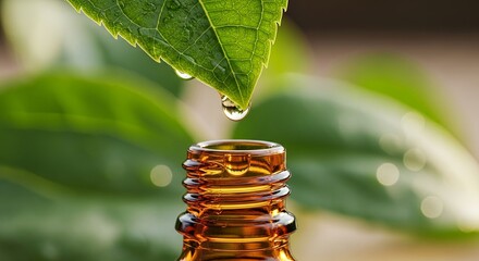Natural essential oil dripping from leaf into bottle for aromatherapy wellness and holistic medicine, promoting relaxation and stress relief beautifully