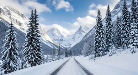 Snowy road leading to majestic mountains in winter wonderland
