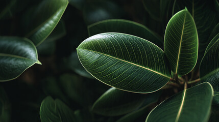 A close up shot of a ficus elastica plant with distinct leaf venation and dark background