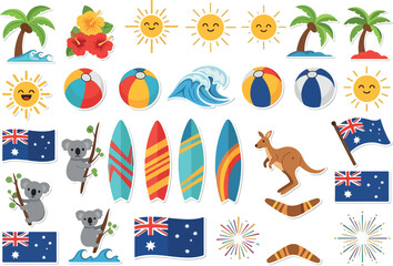 Australian Summer Beach Vacation Icons Surf, Sun, Wildlife, and Flags