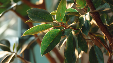 A close up shot of a ficus plant with green leaves and brown branches in soft sunlight