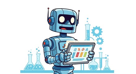 Naklejka premium Robot Scientist Analyzing Data on Tablet in Laboratory Setting.
