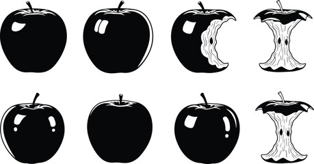 Apple eating stages, whole to core, bite sequence, fruit consumption process, black white sketch, cad drawing flat vector illustration