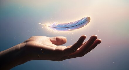 Mystical floating feather held gently in open palm, symbolizing inspiration, dreams, and ethereal beauty with soft light and a sense of wonder
