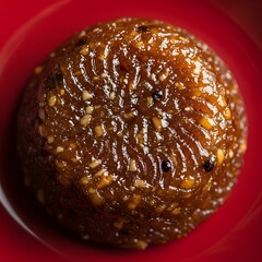 Sweet sesame dessert on a red plate
