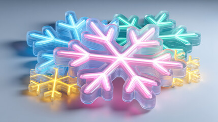 Neon snowflake glowing pink blue green yellow layered translucent decorative light