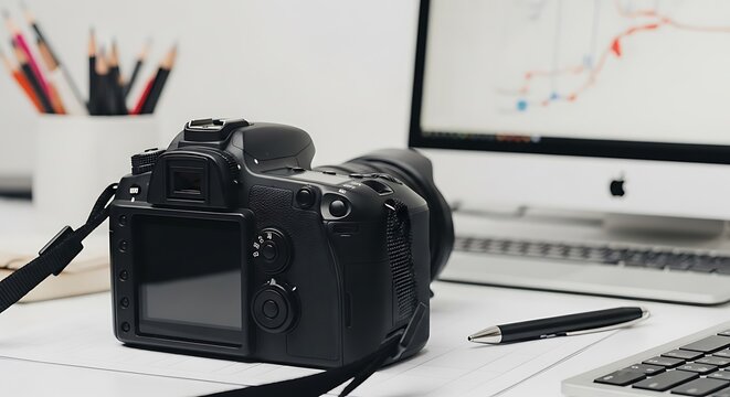 Digital Camera and Computer Setup for Photography and Editing.