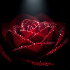 Red rose flower with water drops in dark