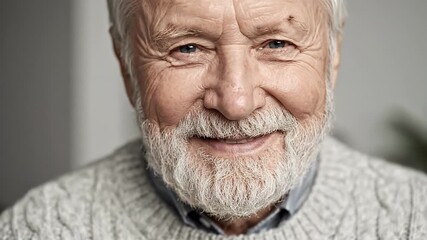 Elderly Man with White Beard and Blue Eyes Smiling Gently Wearing a Cozy Sweater with Frost on His Face