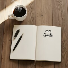 2026 Goals Writing with Coffee on Wooden Table