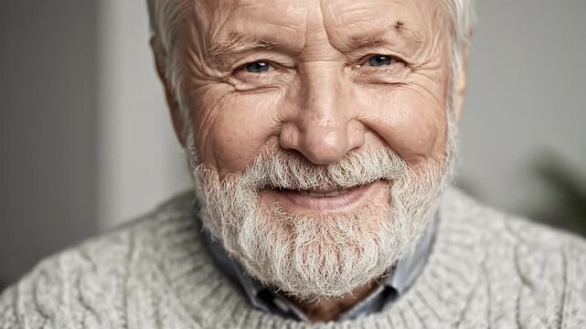 Elderly Man with White Beard and Blue Eyes Smiling Gently Wearing a Cozy Sweater with Frost on His Face