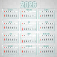 Simple Contemporary 2026 Calendar with Glass Effect
