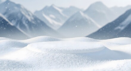 Snowy mountain landscape with falling snow and overcast sky illustration