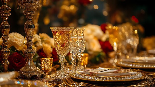 A jeweled wedding table with soft drinks in handcrafted golden flutes