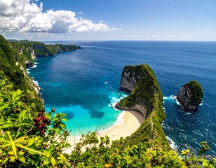 Aerial view of a stunning cliffside beach with turquoise waters and lush green vegetation