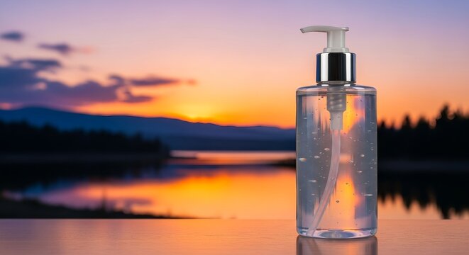 Hand sanitizer against a stunning sunset backdrop offering peace of mind and protection wherever you go with a sense of clean and well-being