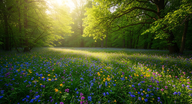 Sunlit forest meadow with wildflowers in bloom and green trees casting shadows on the ground ai generated