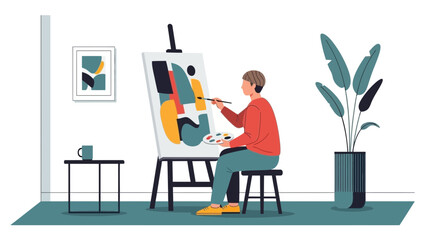 Creative artist painting vibrant abstract art on canvas in bright studio, expressing artistic passion and modern aesthetic with vector design elements