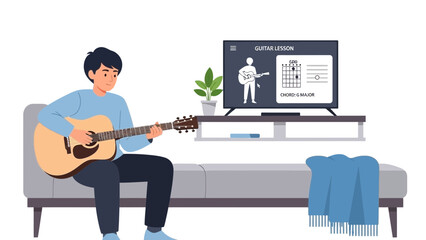 Man learning guitar online with video lesson at home, embracing music and technology, creating a cozy, artistic, and educational atmosphere