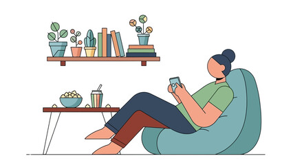 Obraz premium Relaxing at home with phone and snacks, enjoying downtime in cozy chair, perfect for illustrating modern lifestyle and leisure activities, originally a scalable vector graphic