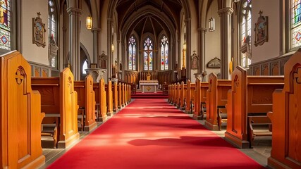 Interior view of a grand church with a red carpet aisle and stained glass windows. - Powered by Adobe
