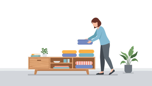 Woman organizing folded towels on wooden console with plant, bringing calm and cozy vibes to interior space, modern lifestyle and home decor elements