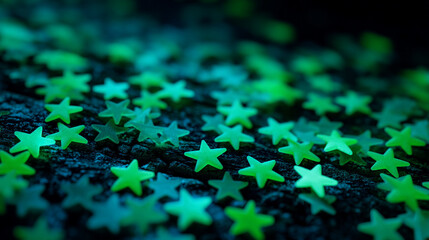 Close up of scattered luminous green star shaped confetti on a dark textured surface
