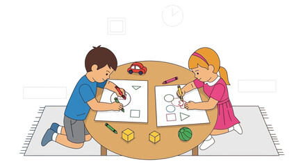 Kids joyfully drawing shapes together, fostering creativity and imagination in a bright, playful environment for early childhood learning experiences
