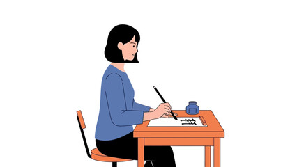 Woman practicing calligraphy at desk, expressing creativity and focus, ideal for educational or cultural themes, clean lines, modern design, tranquility and skill