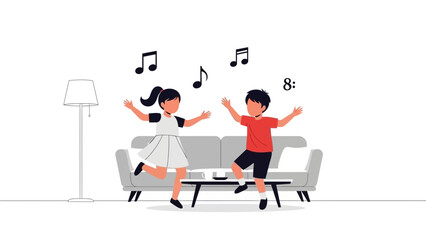 Joyful kids dancing and listening to music at home, celebrating childhood fun with modern design for cheerful lifestyle and family togetherness moments