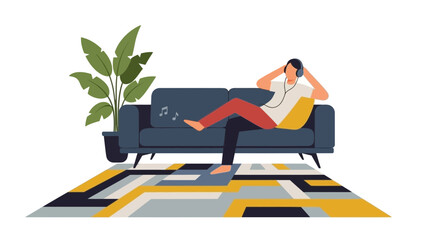 Relaxing vibes at home listening to music enjoying carefree downtime, perfect for promoting comfort, leisure, modern living, and the joy of simple pleasures