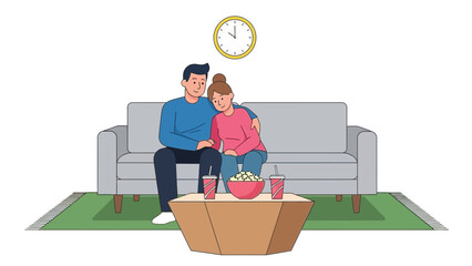 Cozy evening at home as a couple enjoys a movie with popcorn and drinks, a simple pleasure of togetherness, creating lasting memories, happy times