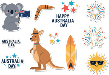 Australia Day Celebration Stickers with Koala, Kangaroo, Boomerang, Surfboard, Fireworks, and Sun