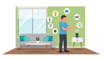 Smart home automation concept with voice assistant connecting devices, offering convenience and control for modern living, originally a scalable graphic