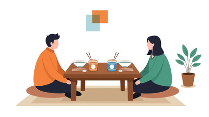 Cozy night in with noodles: couple enjoying a simple meal together, creating a warm, intimate atmosphere. This is a modern, vector-based graphic.