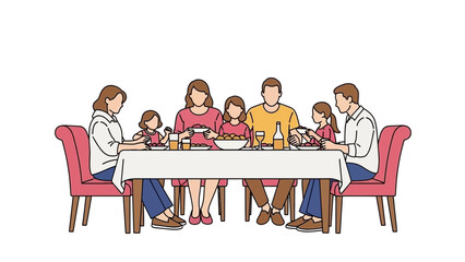 Heartwarming family dinner illustration of three generations gathering around table, sharing food, drinks, and laughter, creating memories, perfect for family values