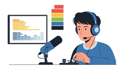 Podcast creator fine tuning audio levels, modern broadcast studio setup, creating engaging content, vector illustration, ideal for media and communication themes