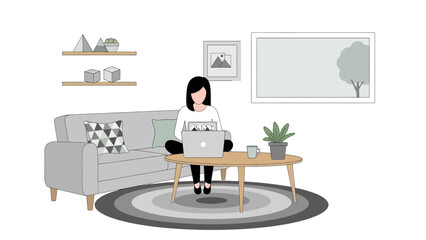 Cozy home office workspace with focused woman working remotely on laptop, capturing a modern, relaxed vibe perfect for lifestyle and business visuals