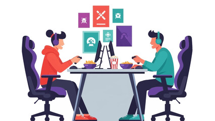Gaming buddies enjoying esports competition, friends playing video games with headsets and popcorn, casual online multiplayer fun, vector illustration