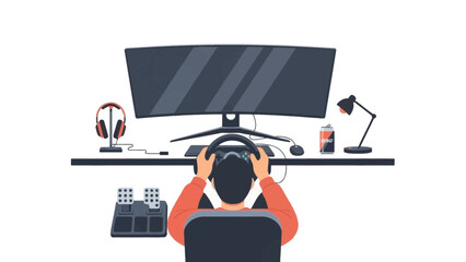 Immersive gaming setup with steering wheel and pedals, perfect for esports enthusiasts and simulation game lovers, experience the thrill of virtual racing