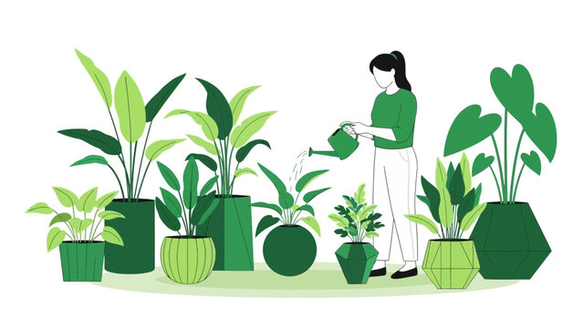 Woman waters lush houseplants, nurturing indoor garden for calm and wellness, promoting eco-friendly lifestyle with vibrant greenery in modern home decor